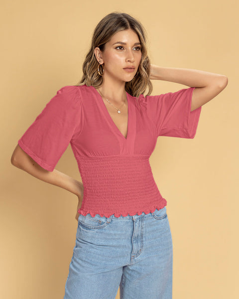 Camiseta cuello en V ajustada#color_301-rosado