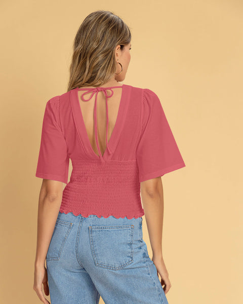 Camiseta cuello en V ajustada#color_301-rosado