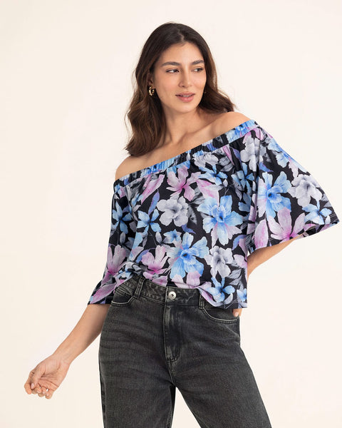 Blusa strapless tipo campesina#color_145-negro-estampado-flores