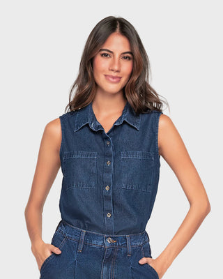 Blusa manga sisa cuello de camisero en denim liviano#color_052-azul-medio