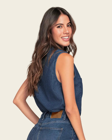 Blusa manga sisa cuello de camisero en denim liviano#color_052-azul-medio