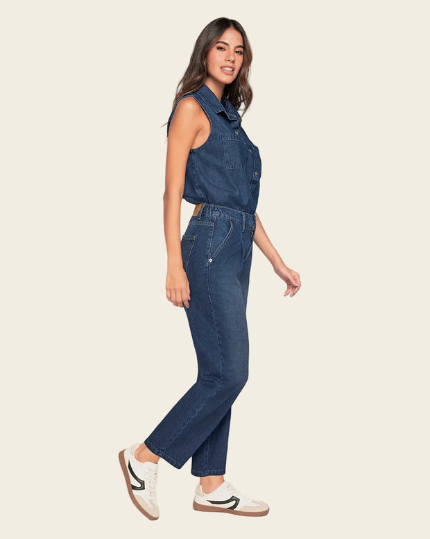 Blusa manga sisa cuello de camisero en denim liviano