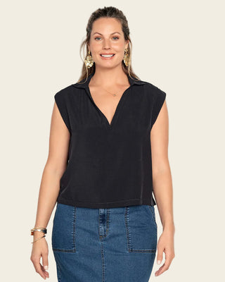 Blusa manga sisa cuello camisero en V#color_700-negro