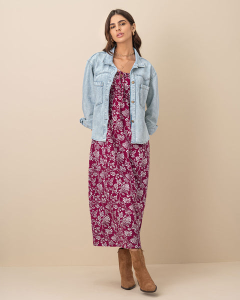 Vestido largo estampado de escote cuadrado#color_145-vino-estampado-blanco