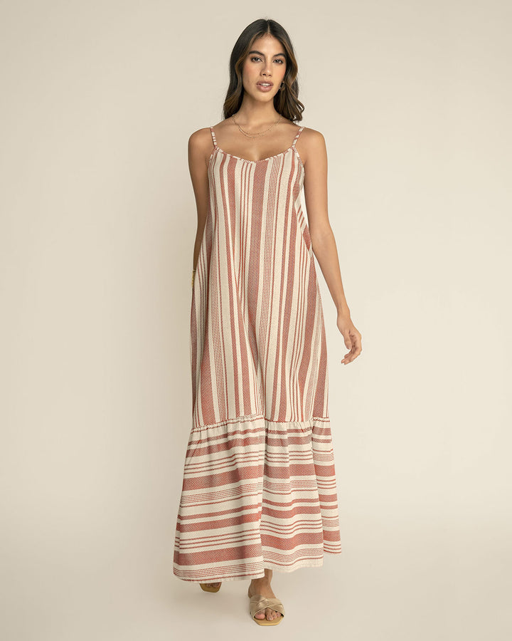 Vestido largo estampado de tiritas con bolero en ruedo