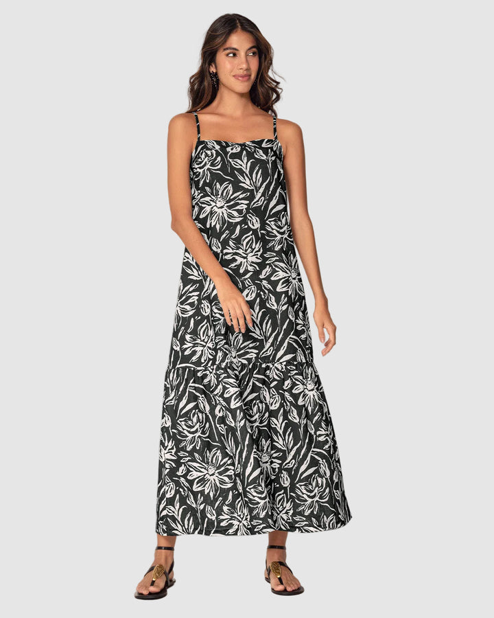 Vestido largo estampado de escote recto y tiritas