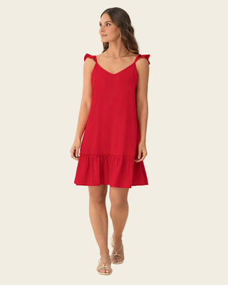 Vestido corto con bolero en mangas y ruedo#color_c35-rojo