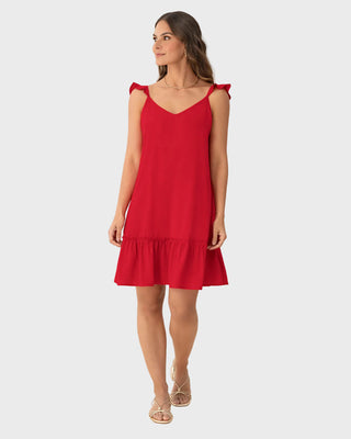 Vestido corto con bolero en mangas y ruedo#color_c35-rojo