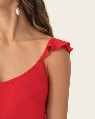 Vestido corto con bolero en mangas y ruedo#color_c35-rojo