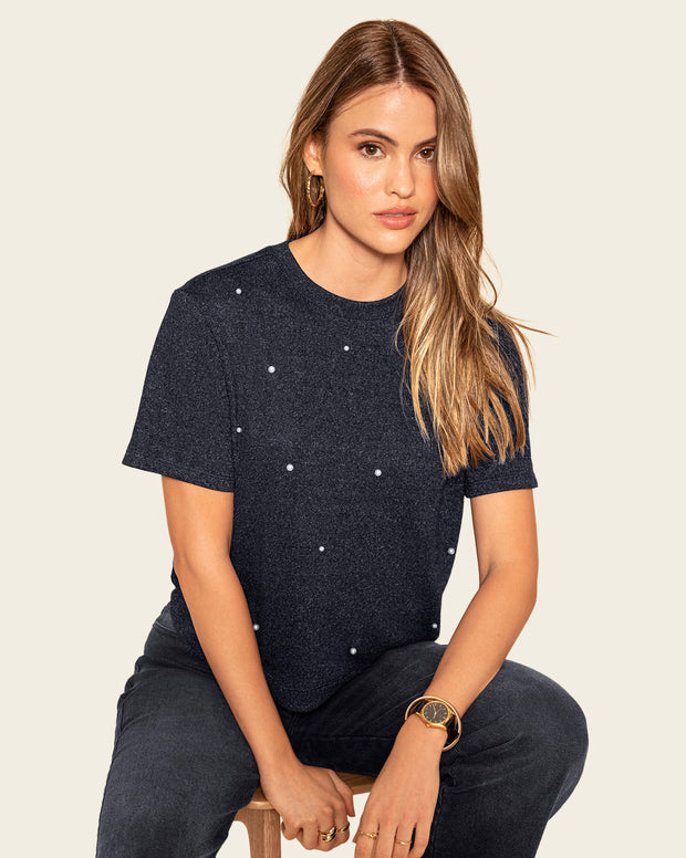 Camiseta manga corta con apliques de perlas