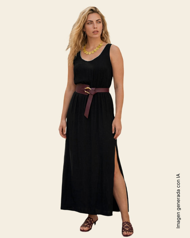 Vestido largo con cintura marcada y bordados en escote