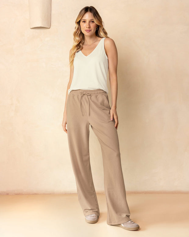 Pantalón bota amplia con elástico y tira anudable en cintura