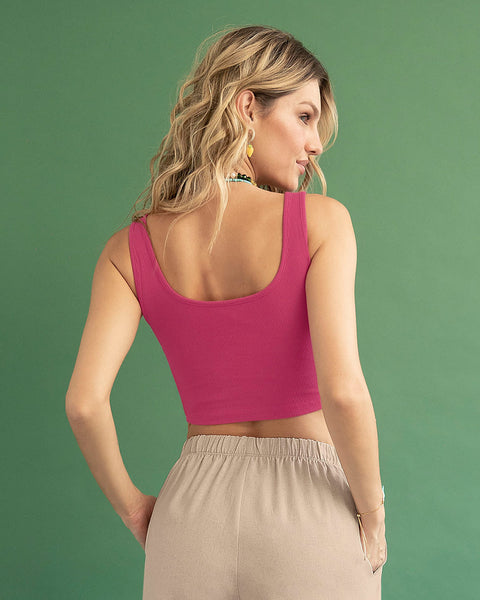 Camiseta manga sisa crop top en tejido acanalado#color_345-fucsia