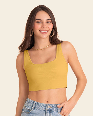Camiseta manga sisa crop top en tejido acanalado#color_c73-amarillo-mostaza