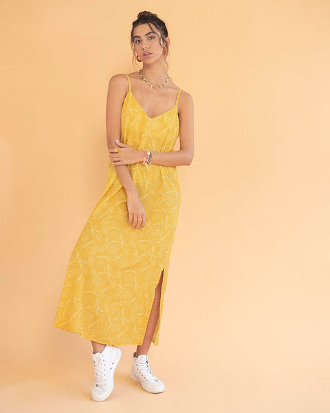 Vestido midi de tiritas con escote en v#color_013-estampado-amarillo