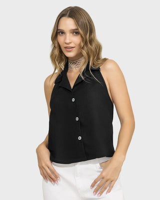 Blusa manga sisa cuello tipo halter con solapa#color_700-negro