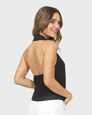 Blusa manga sisa cuello tipo halter con solapa#color_700-negro