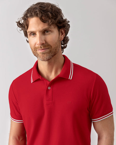 Camiseta tipo polo con cuello y mangas tejidas#color_370-rojo