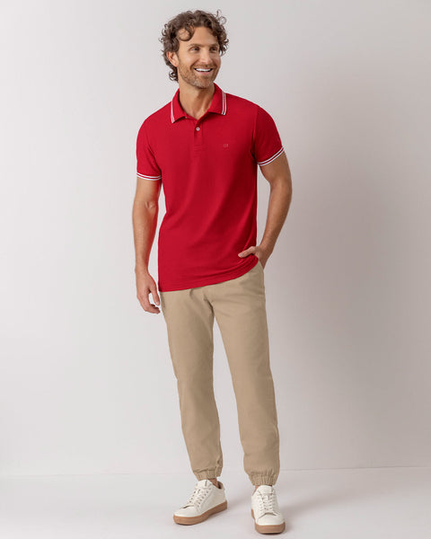 Camiseta tipo polo con cuello y mangas tejidas#color_370-rojo