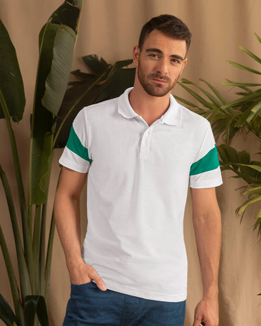 Camiseta tipo polo con perilla funcional y bloques de color en mangas#color_134-blanco-verde